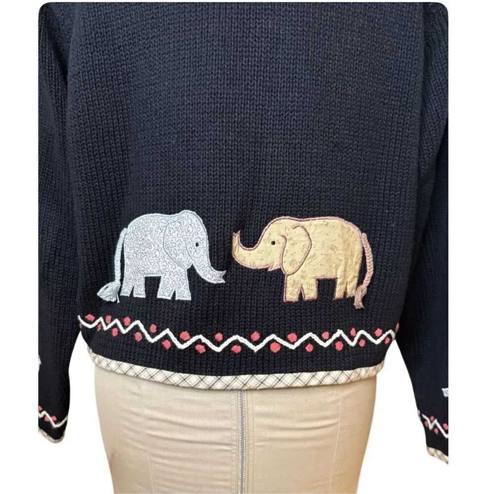 Orvis Cardigan Sz. L Appliqué Flowers & Elephants Vintage Chunky Ramie - Picture 7 of 12